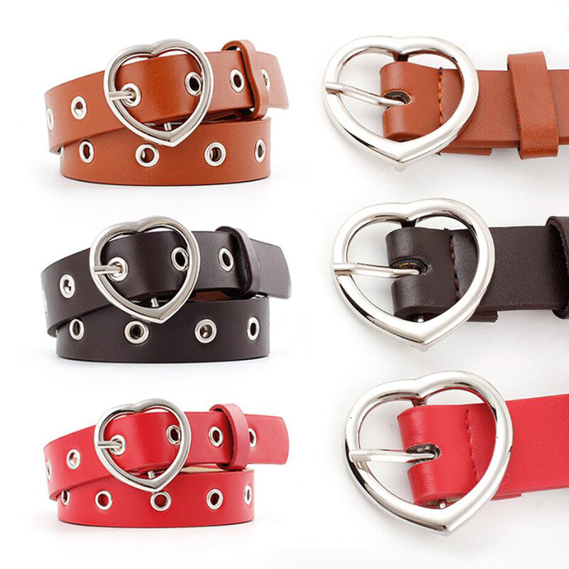 Cinturón de cuero sintético con doble anillo para mujer, cinturón con hebilla de Metal y broche de corazón para Vaqueros, cinturón para ocio