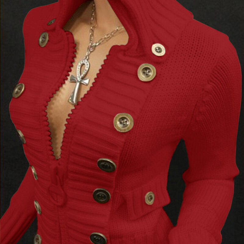 Pull tricoté chaud et épais pour femme, décontracté, avec col Polo et fermeture éclair, ample, avec boutons, collection automne et hiver