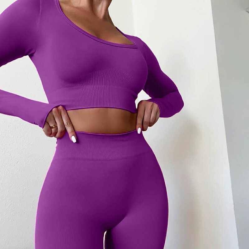 Set Yoga Wanita Feamle Mulus 2 Buah Atasan Crop Dua Potong Baju Lengan Panjang Ritsleting Legging Pakaian Olahraga Kebugaran Set Gym