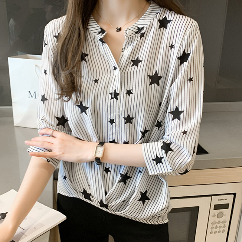 Shintimes Three Quarter Striped O-Neck Ruched Shirt Women Clothes 2022 Fall Button Pullover Blouse Womens Tops Chemisier Femme