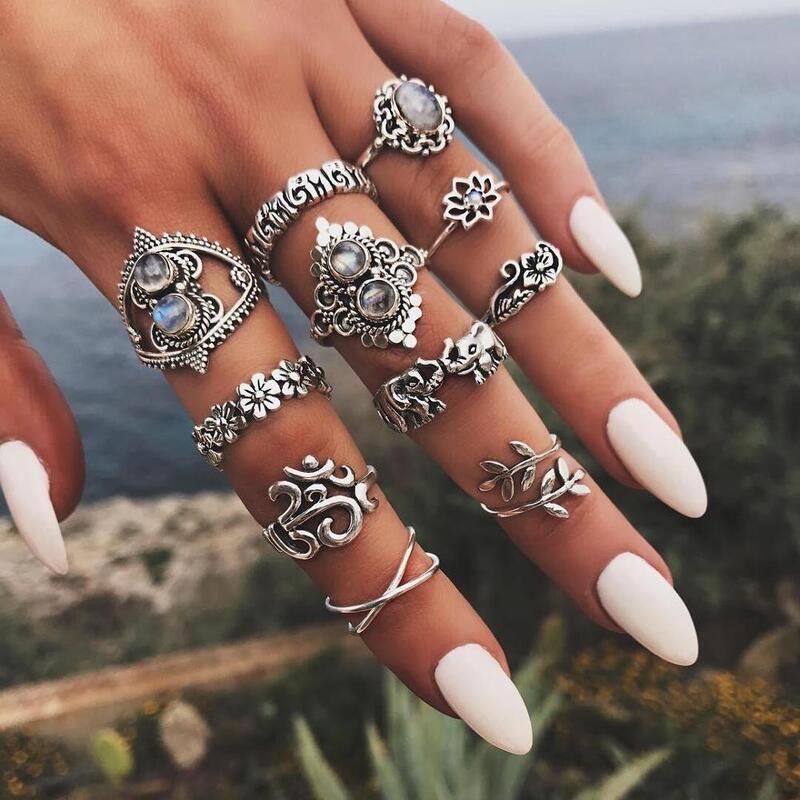 Conjunto de anéis de dedo geométricos para mulheres, design boêmio, simples, conjunto de anéis de pedra de olho de cobra, joias de moda feminina
