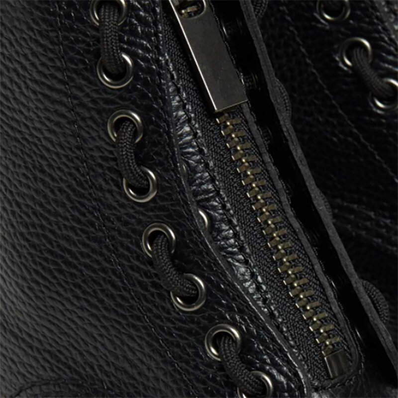 Damskie buty na platformie oryginalne skórzane damskie botki zimowe nowe plisowane tekstury botki sznurowane zamek czarne Punk Chunky Shoes