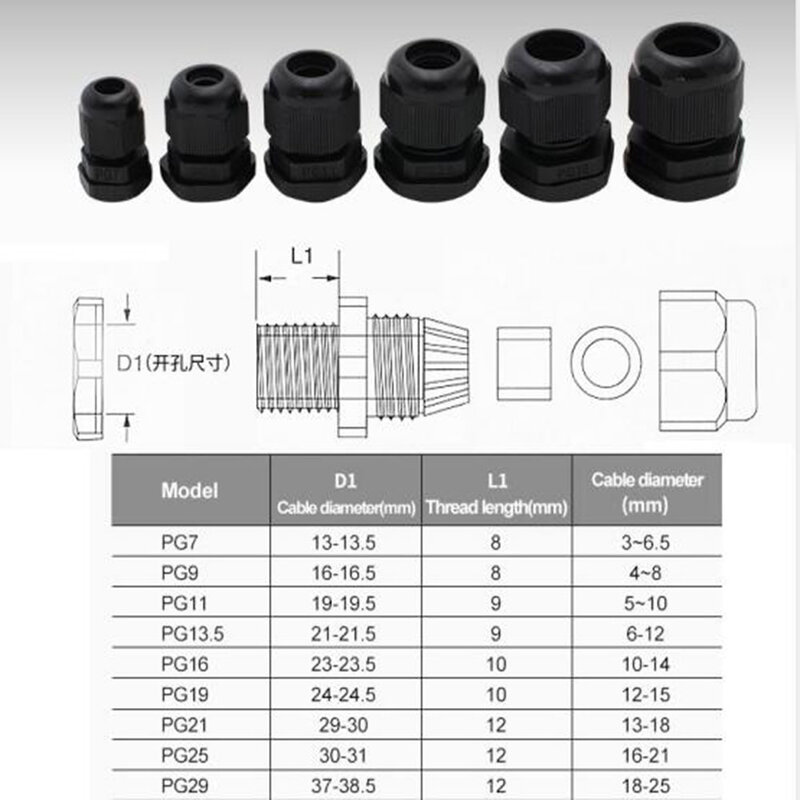 Kit de glândulas de cabo plástico impermeável ajustável 3-25mm pg7 pg9 pg11 pg13.5 pg16 pg19 pg21 pg25 uniões de glândulas de cabo preto & branco