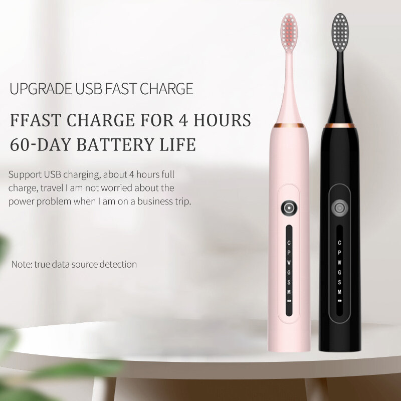 Зубная щетка Ультразвуковая электрическая для взрослых, автоматическая Водонепроницаемая быстро заряжаемая, USB, 3