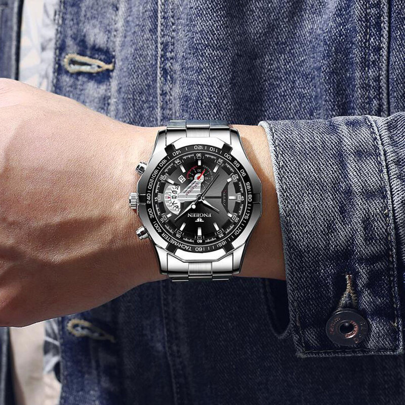 Reloj ejecutivo de cuarzo para hombre, cronógrafo de pulsera con fecha, resistente al agua hasta 30M, de acero inoxidable