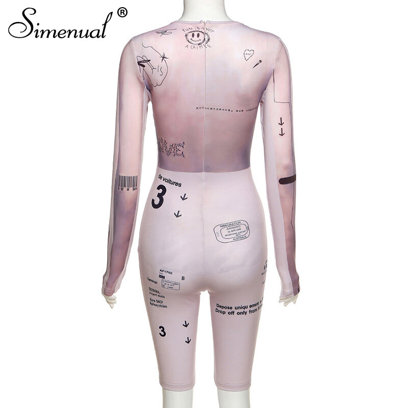 Simenual 스포티 한 편지 인쇄 긴 소매 Bodycon Rompers 활성 착용 가을 2021 여성 의류 패션 바이커 반바지 Playsuits 뜨거운
