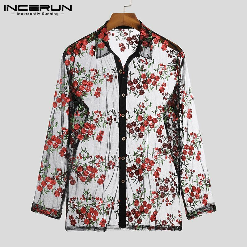 Handsome Well Fitting Blouse New Men Sexy Leisure See-through Net Gauze Flower Branch Comeforable Mesh Long-sleeved Shirts S-5XL