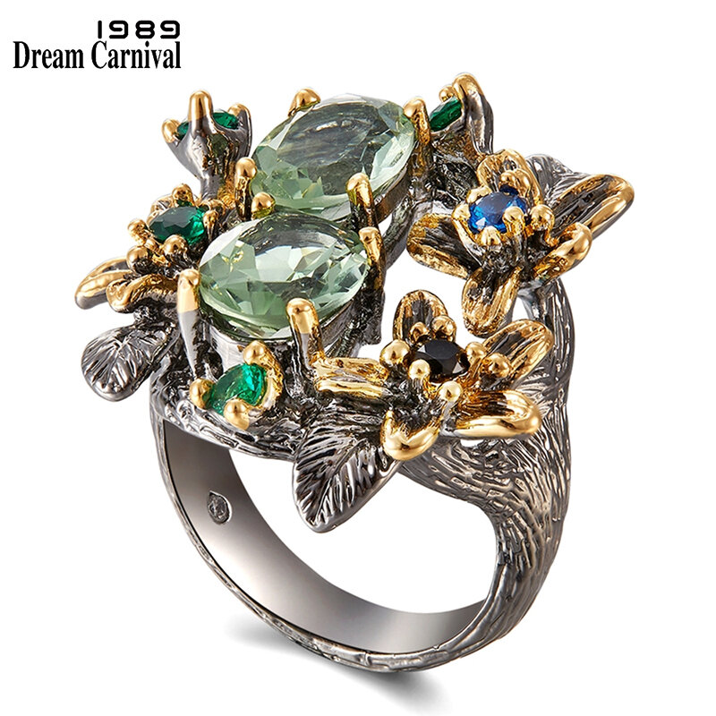 DreamCarnival gorąca sprzedaży oszałamiająca pierścień CZ dla kobiet przyjęcie zaręczynowe Vintage kwiat wzrok Olivine cyrkon biżuteria WA11688