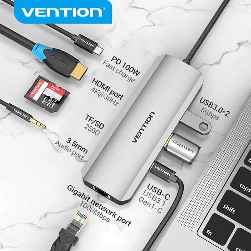 Vention USB C Hub USB Tipe C 3.1 Ke 4K HDMI RJ45 PD USB 3.0 OTG Adapter Dock untuk MacBook Air Pro 2020 Huawei Mate 30 PC USB HUB