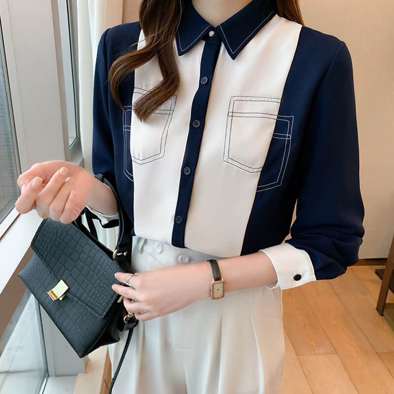 Moda coreana chiffon mulher camisas branco escritório senhora botão até camisa de manga longa das senhoras do vintage topos camisas de mujer