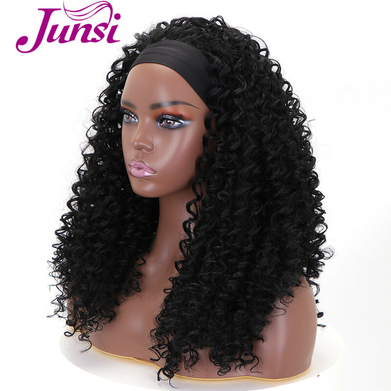 Junsi longo sintético afro encaracolado bandana perucas máquina cheia feita peruca de cabelo sintético para as mulheres peruca diária com bandana