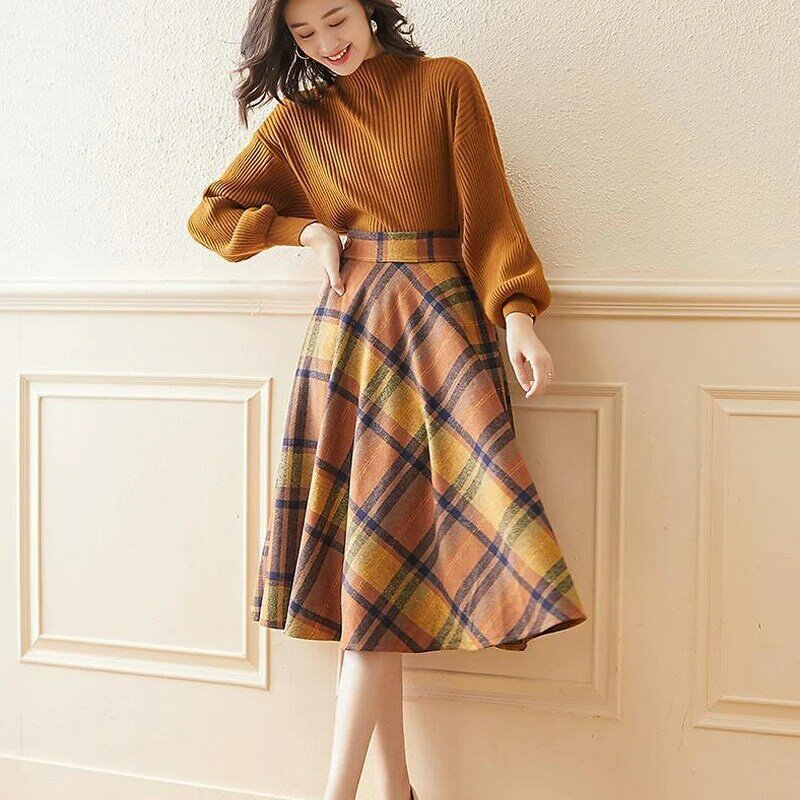 Vangull-traje de dos piezas estilo inglés para mujer, jerseys de punto de manga larga Lisa para otoño, faldas con cremallera lateral a cuadros, dos conjuntos