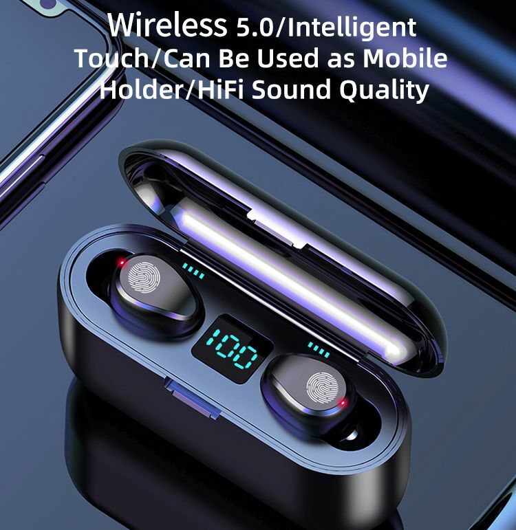 Fone de ouvido sem fio f9 tws, com bluetooth 5.0, compatível com ios e android, chamadas em hd, para corrida e atividades esportivas