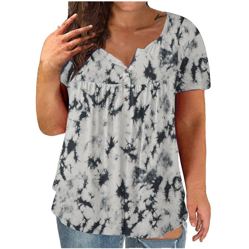 Camisas femininas blusas plus size decote em v laço-corante botão de impressão manga curta tops blusa femme blusa feminina streetwear