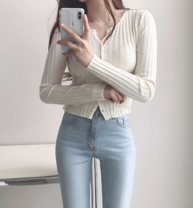 Korean Chic Versatile Small Open Single-Breasted Thread Fitted Slimming Sense of Design Short Long Sleeve Sweater Top