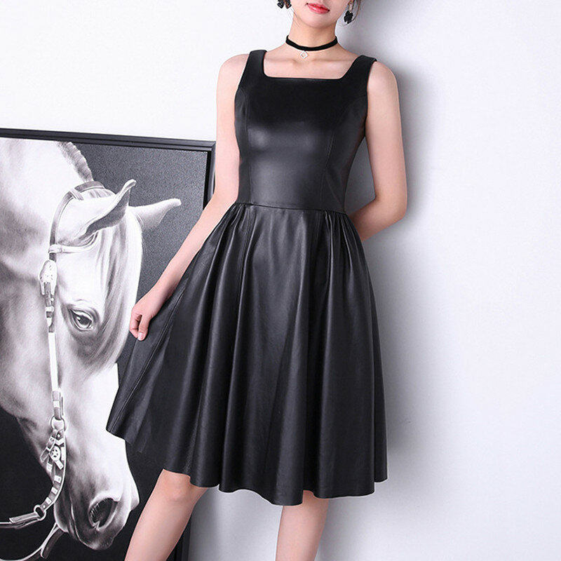 Factory New Arrival Women Hepburn Style Genuine Leather Black Dress Sleeveless
