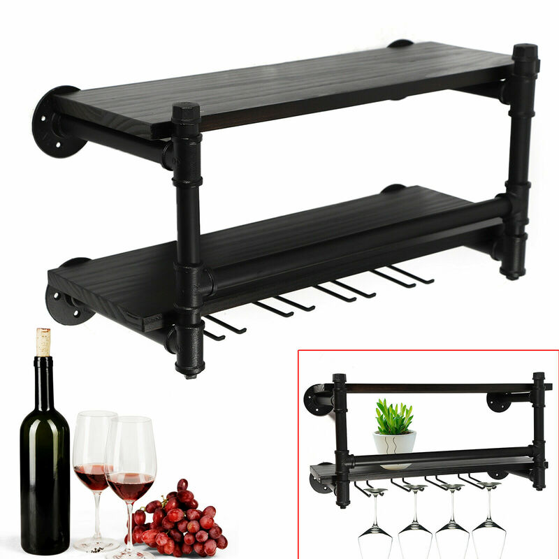24In Industrial Wall Mounted Wine Rack Bar Shelves 110Lbs Load Bearing Capacity Wine Wall Shelf Goblet Rack for Home Kitchen
