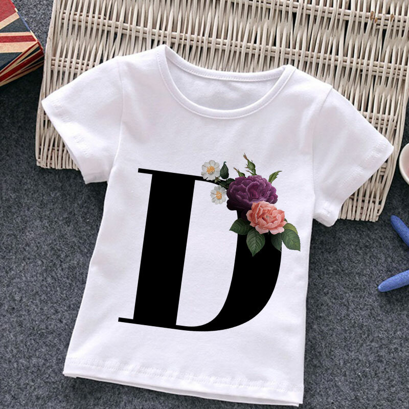 Футболка детская в стиле Харадзюку, модная Ретро рубашка с принтом алфавита для девочек и мальчиков, с цветочным элементом и круглым вырезо...