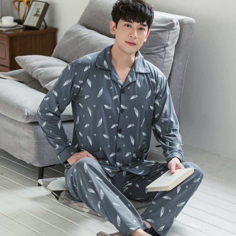 100% Cotton Men Pajamas Blue Plaid Spring Home Wear Men's Pijamas Set 2 Pieces Bedroom Pjs Long Sleeve Autumn Pyjamas Pant Suits