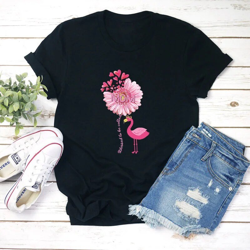 Flamant Rose Fleur Imprimé Femmes T-shirt À Manches Courtes O Cou Lâche Femmes Tshirt Dames T-shirt Tops Vêtements Camisetas Mujer