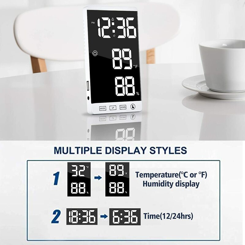 Horloge numérique LED multifonction, grand écran 6 pouces, pour chambre à coucher, bureau, affichage de la température et de l'humidité