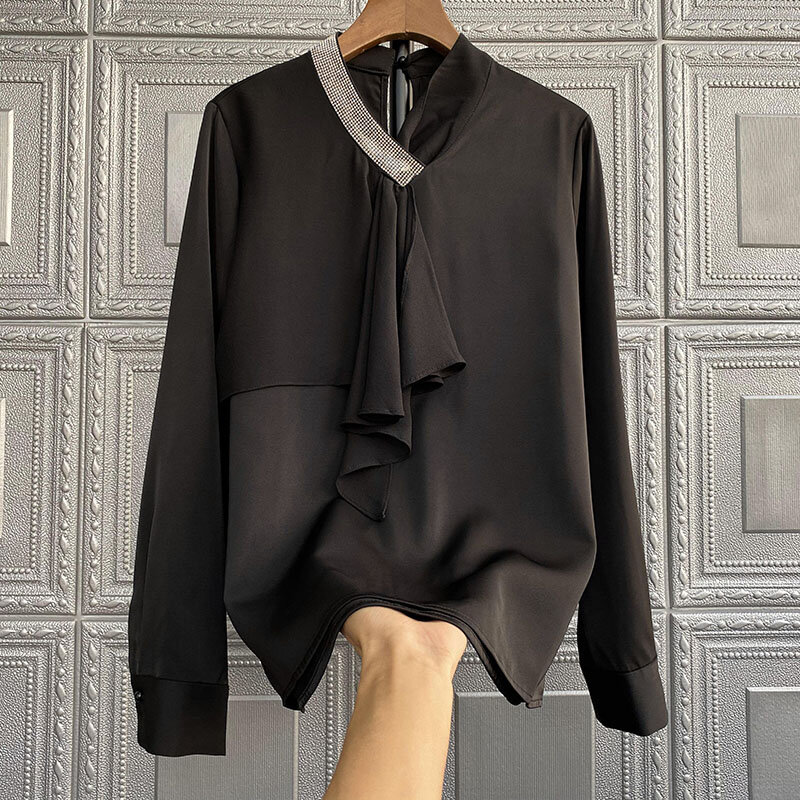 2021 ربيع جديد تصميم تحسس المتخصصة الأسود ثلاثي خلات قميص المرأة الباردة الكتف القمم موضة نفخة كم بلوزات النساء