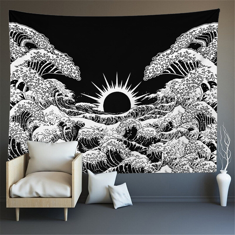 บ้านญี่ปุ่นสไตล์ Tapestries กำแพงแขวนตกแต่งสำหรับห้องนั่งเล่น Ocean Wave Tapestry Wall ผ้าห่มชายหาด73x100cm