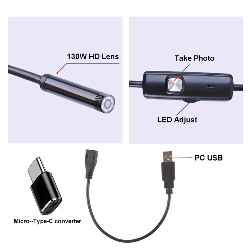 Mini Endoscope กล้องกันน้ำ Borescope ปรับ Soft 6 LEDS 7Mm Android Type-C USB Camea สำหรับรถ