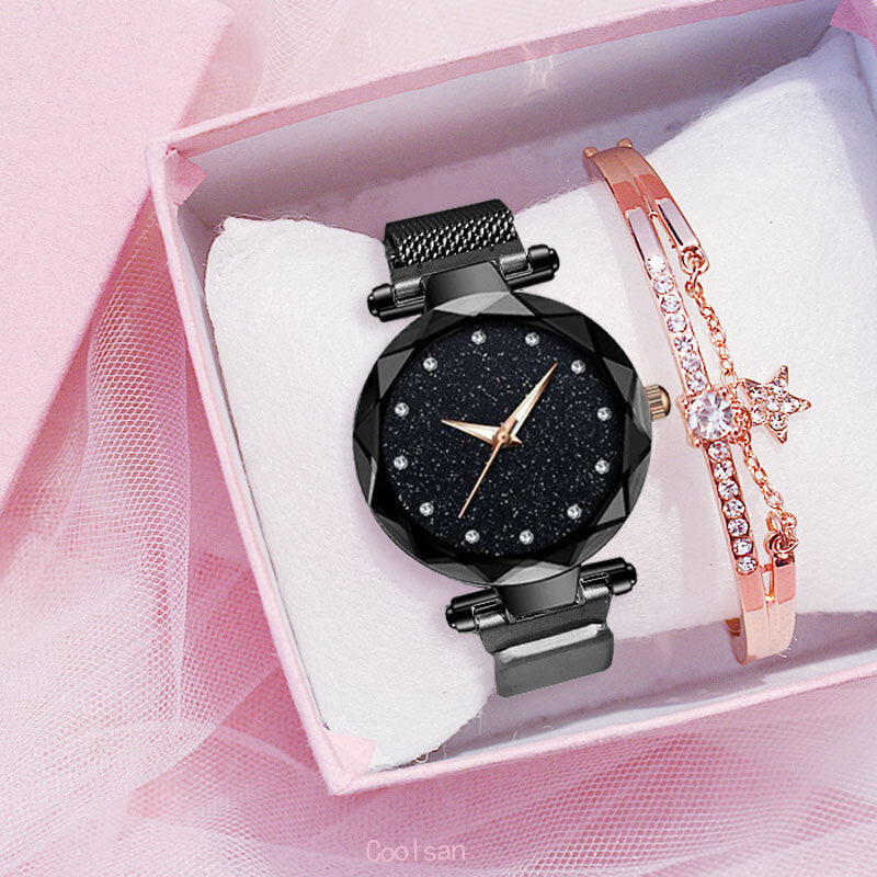 高級女性の腕時計クォーツファッションブレスレットと腕時計セットレディース腕時計星空ローマ数字ギフト時計レロジオフェミニン