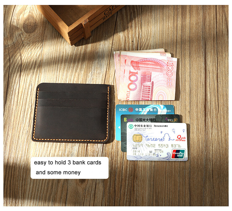 Tarjeteros de piel auténtica para hombre y mujer, cartera pequeña simple hecha a mano, Vintage, fina, para tarjetas de identificación y monedas, 100%