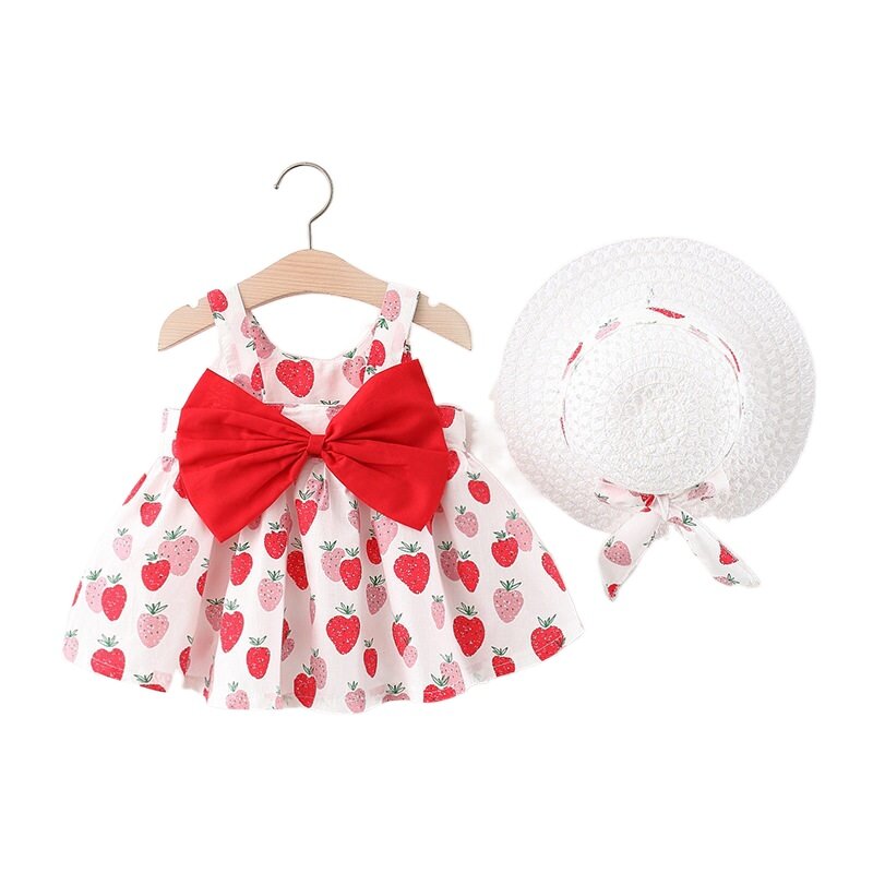 Baby Girl Dress 2021 New Summer infant Clothes Bow Fruit Print Vestidos With Hat 2pcs Outfits Toddler Suspender Costumes 6-24M
