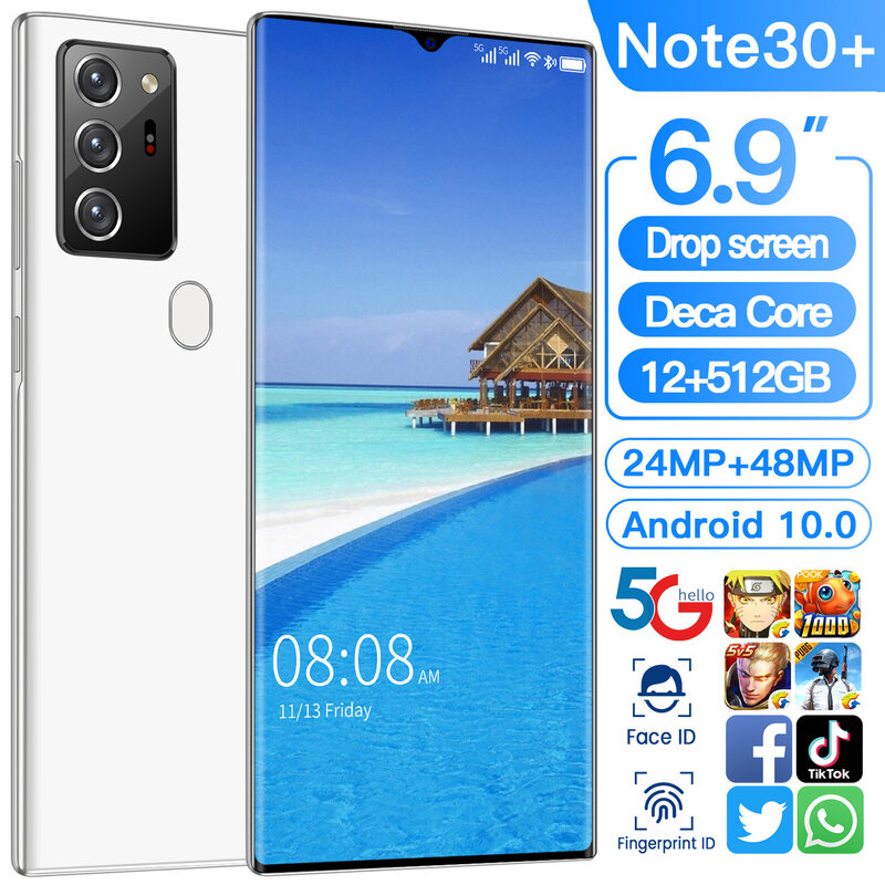 2021 Samsung Note30 + 5G Global Version สมาร์ทโฟน48 MP กล้อง6.9นิ้ว HD หน้าจอ MTK6889 + Deca Core 6000MAh 12G 512G โทรศัพท์มือถือ
