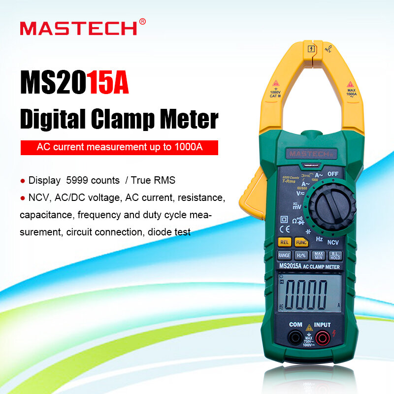 Цифровой мультиметр-клещи MASTECH MS2015A, ампервольтметр с автоматическим выбором диапазона, для измерения напряжения и частоты переменного ток...