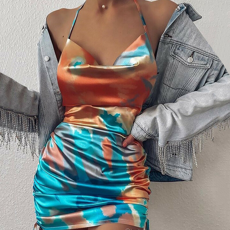 Nowe modne damskie seksowne wiązanie-barwnik plisowana satynowa sukienka sling