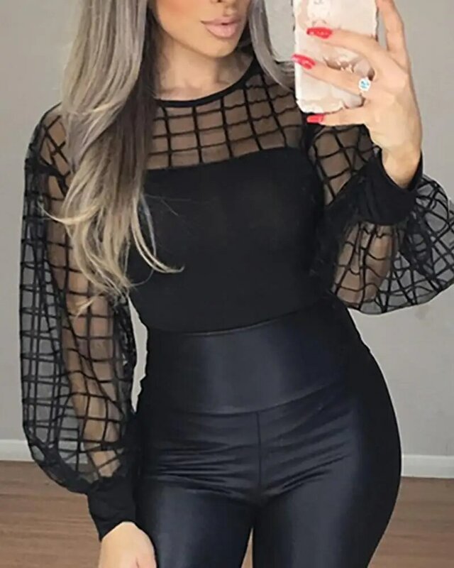 2021 Vrouwen Elegante Mode Overhemd Vrouwelijke Basic Zwart Korte Party Top Sheer Grid Mesh Casual Blouse
