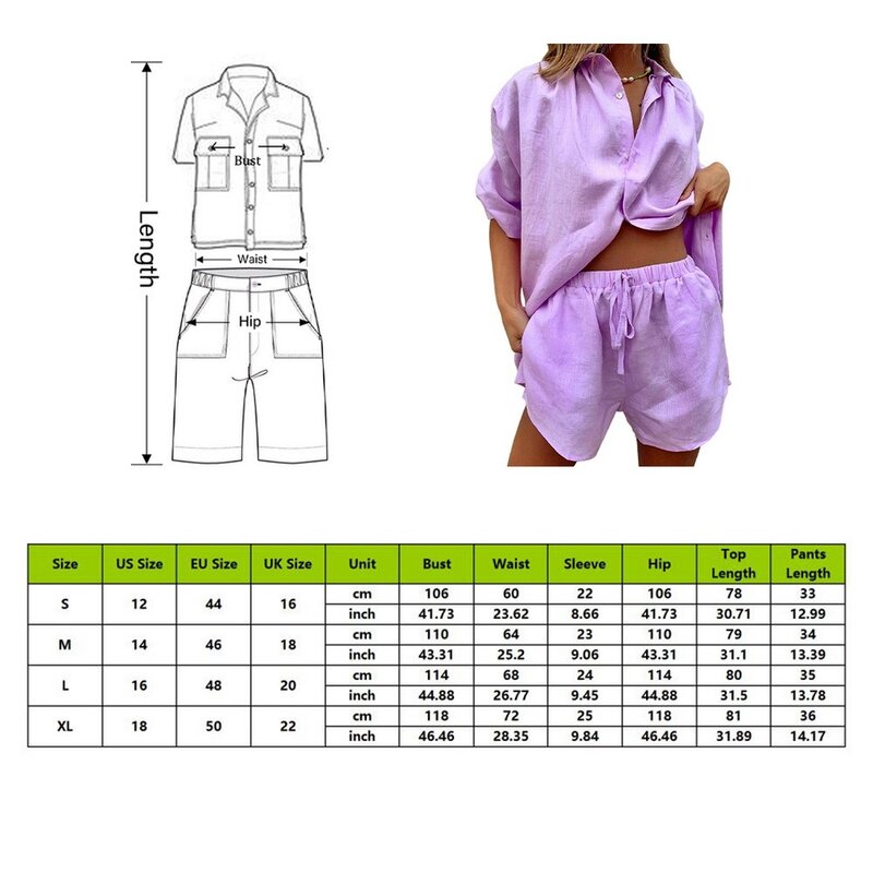 Conjunto feminino de duas peças, elegante, sólido, manga curta para o verão, top + shorts de cordão, roupa caseira, botão, sexy, roupa feminina
