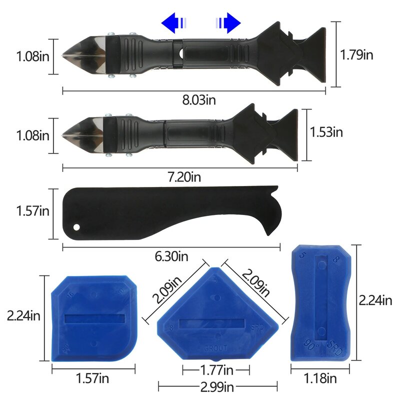 Kit de ferramentas de calafetagem de aço inoxidável azul tamanhos 31, selante de silicone, aplicador de bico de finalização e raspador reutilizável