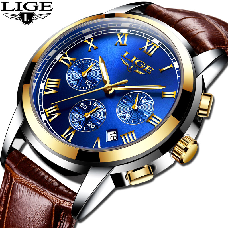 LIGE – montre en or pour hommes, horloge à Quartz, de luxe, étanche, en cuir, style militaire