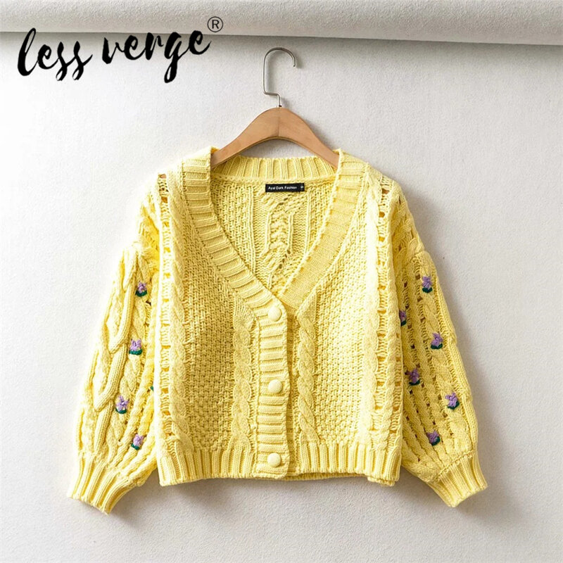Lessverge Women Top Sweater Cardigan Single Breasted Button Down V-neck Oversize Cropped Woolen Vintage Street Style Sweater