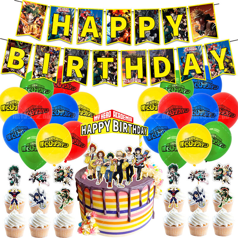 1 Juego de globos My Hero Academia Midoriya Izuku, pancarta de feliz cumpleaños, decoración para pastel de Baby Shower, juguetes para niños
