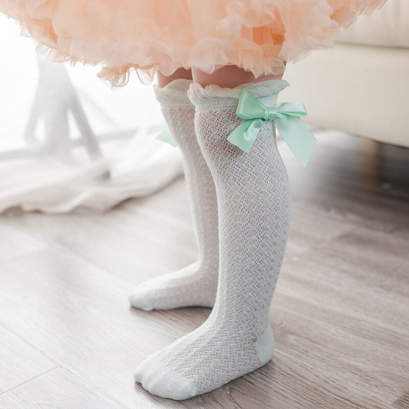 Детские летние носки с сетчатым бантом, Детские тонкие вертикальные полосатые носки от комаров, балетные колготки, 4 шт., 1 комплект, WZ38