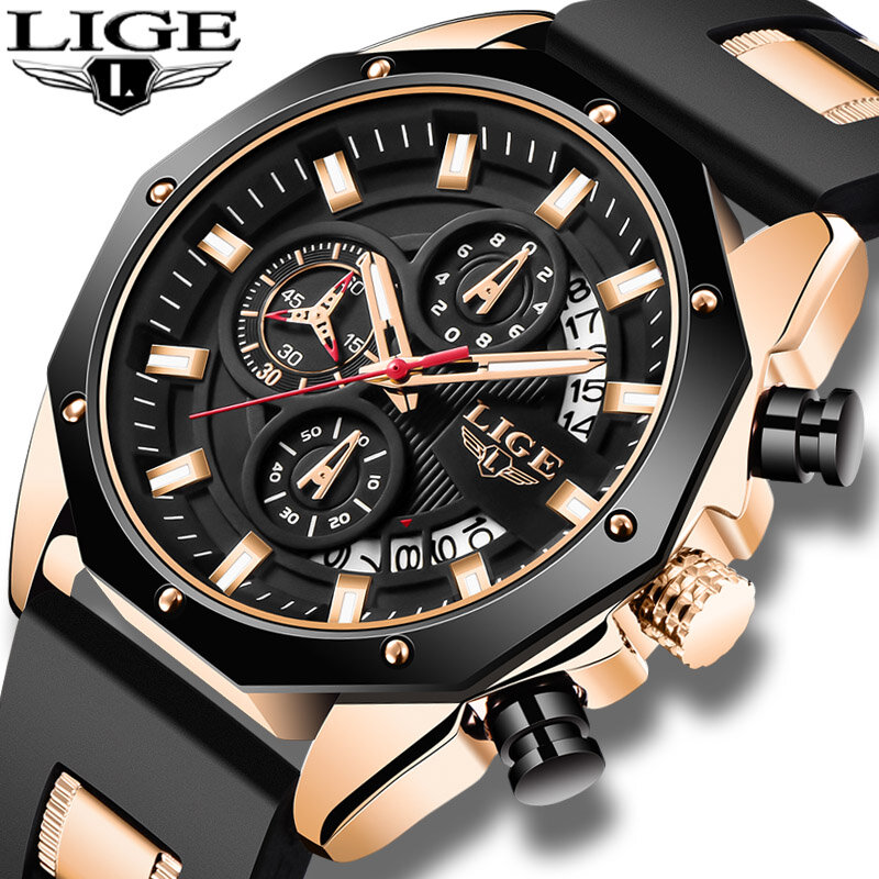 2020 LIGE ใหม่แฟชั่น Mens Luxury ซิลิโคนนาฬิกาผู้ชายนาฬิกาควอตซ์นาฬิกาวันที่นาฬิกากันน้ำ Chronograph นาฬิกาข้...