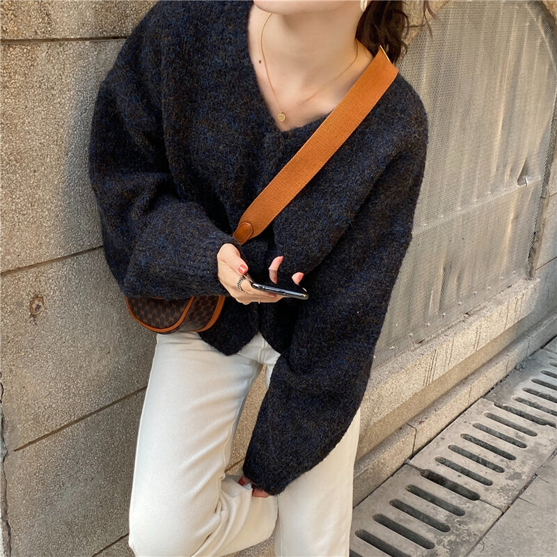 Fashion V-neck Pullovers New Warm Autumn Elegant Knitwear Single Breasted Solid Causal Loose 2020 Sweater Tops