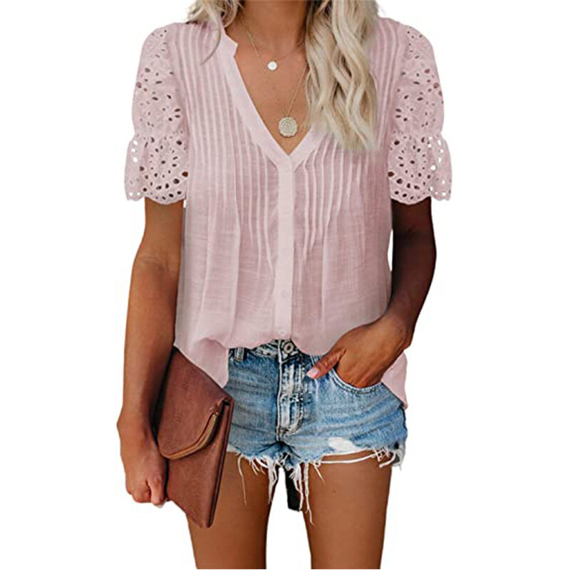 Summer New 2021 Women Blouse Shirts Sexy V-neck Lace Patchwork Short Sleeve Chiffon Shirts Ladies Hollow Out Casual Loose Tops
