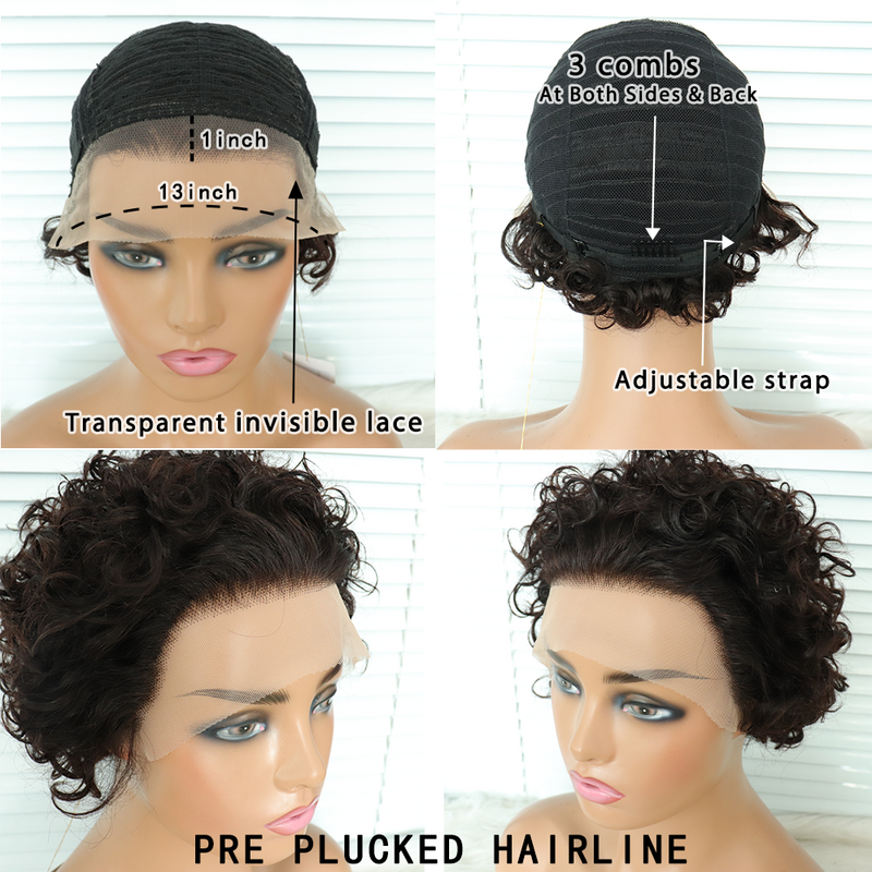 ピクシーカットショート人毛かつら事前摘み取らグルーレス透明13 × 1レースかつら黒人女性のためのブラジルのremy毛