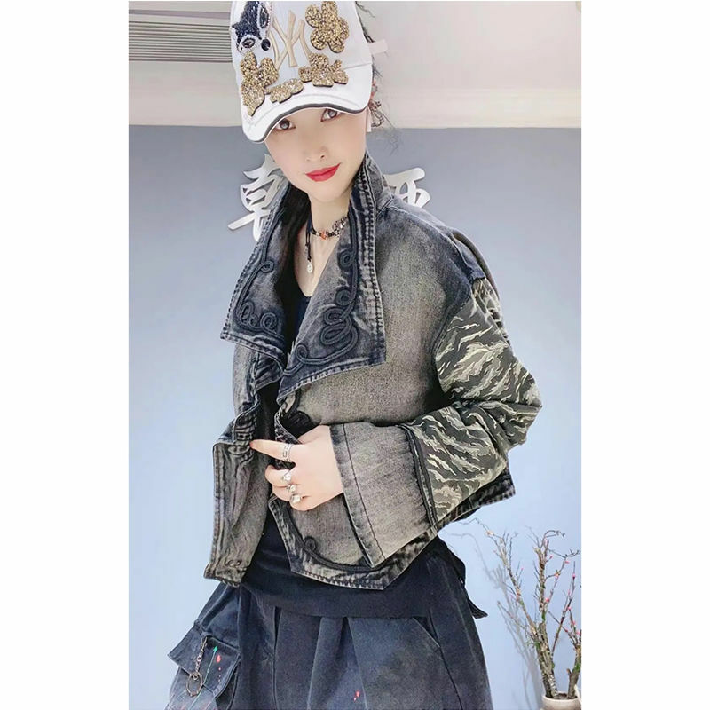 Retalhos femininos denim casaco curto 2021 primavera novo estilo coreano lapelas soltas casual all-combining jaqueta topo