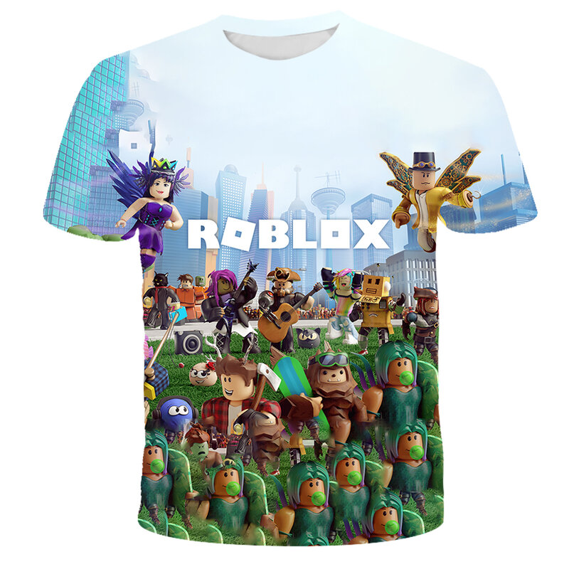 ROBLOX-camiseta de emenda com desenhos animados para crianças, tops com  pescoço o para meninos e meninas, manga curta, esporte 3D, alta, verão
