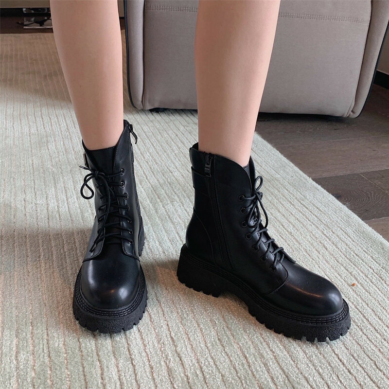 2021 inverno botas femininas moda cabeça redonda plataforma impermeável laço-up zíper antiderrapante grosso mid-heel martin ankle boots