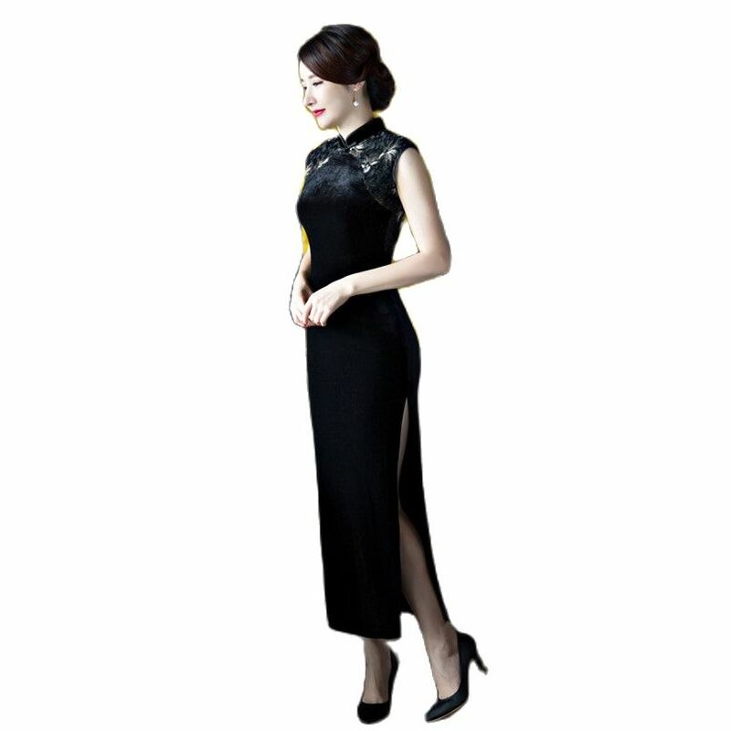 Robe Cheongsam en dentelle noire, Noble, longue, ajourée, robe de soirée, Sexy, sans manches, en velours, élégante