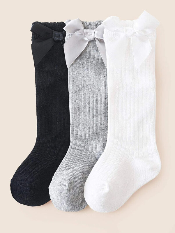Носки до колен для новорожденных, 3 пары/Лот, милые длинные хлопковые носки с бантом для девочек и мальчиков